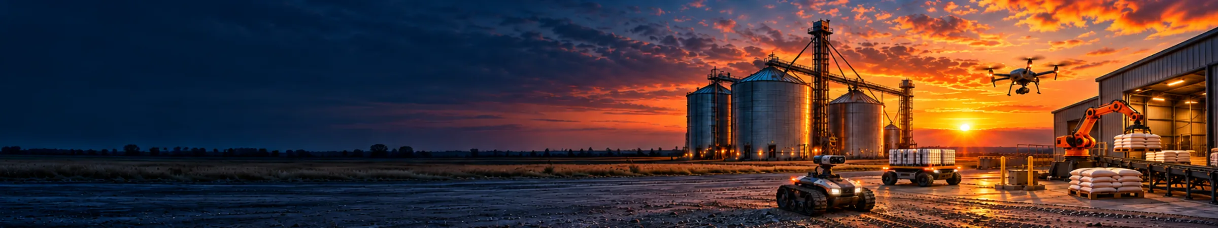 Concept rendering of robots and a drone working at a Kansas grain facility at sunset
