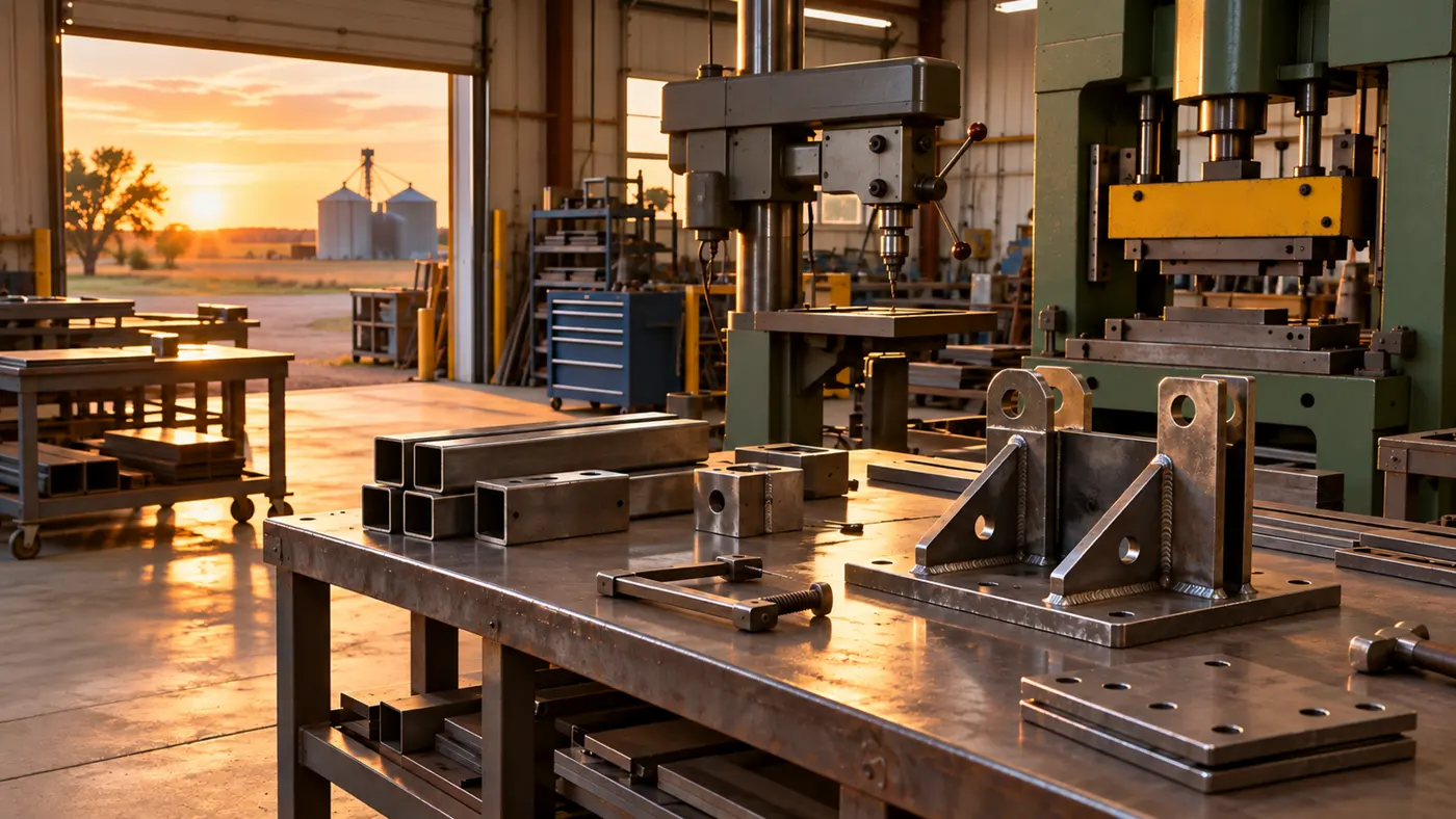 Machine shop workbench with sunset through the door
