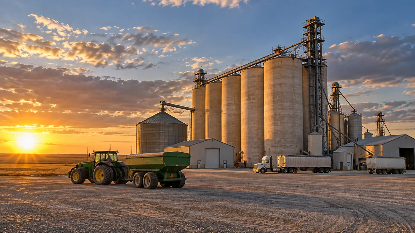 Grain elevator and tractor near Pratt at sunset